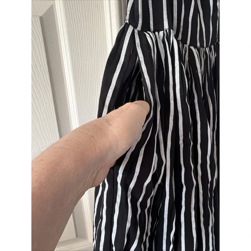 Pinup Couture Dress XS Black White Stripe Fit Flare Midi Pockets Lined Boning